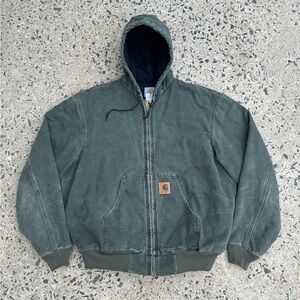 Vintage Carhartt J68 MOS Green Canvas Hooded  Jacket Size Large Big Logo 2000